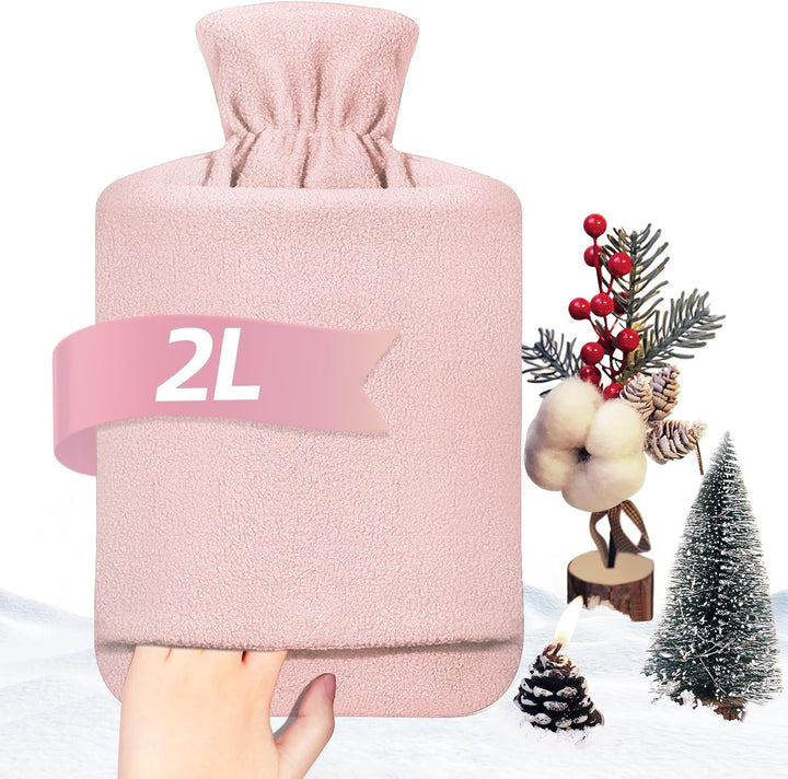 Hot Water Bottle with Fleece Cover - 2L Large Leakproof Hot Water Bag - Soft Hot Water Bottle with Hand Pocket and Natural Rubber -For Hands, Feet, Shoulders, Neck, Abdomen, Legs (Red)