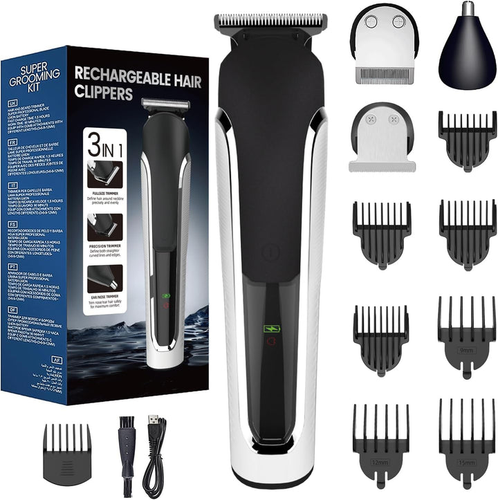 Beard Trimmer Men, Hair Clippers Men, All-In-One Men'S Grooming Kit with Nose and Ear Trimmer, Detail Trimmer, IPX6 Waterproof Professional Cordless Hair Clipper with 4 Limit Combs