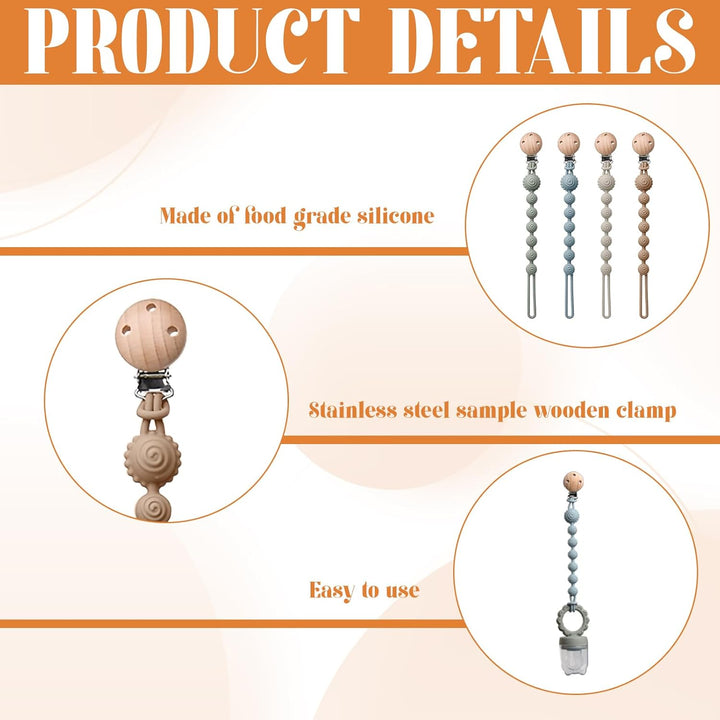 4 PCS Silicone Dummy Clip,Dummy Clip Suitable for Girls and Boys,One Piece Design Pacifier Clips,Portable Dummy Chain BPA Free(4 Colors)