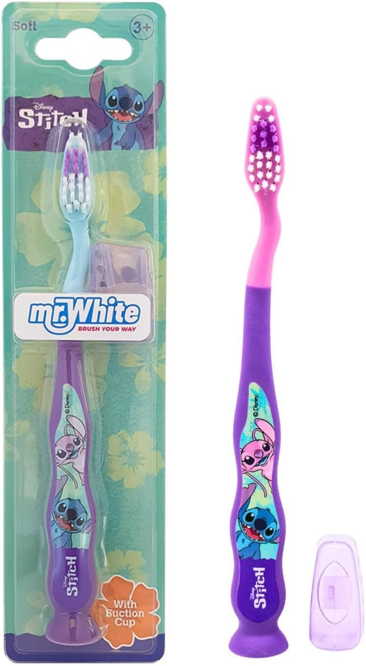 Disney Stitch Little Teeth Toothbrush for Kids with Protection Cap, Soft Rounded Bristles, Comfortable Handle Grip and Suction Cup for Upright Storage for Children Ages 3+