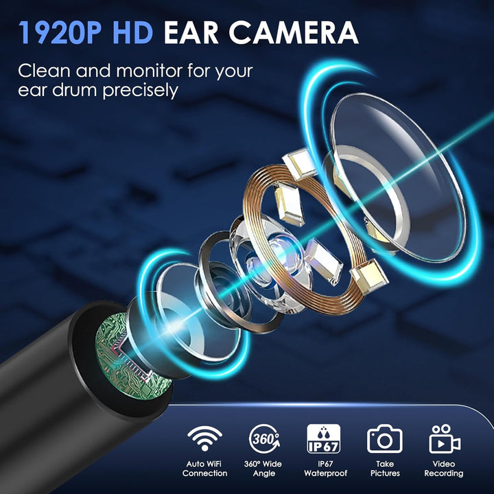 Ear Wax Removal Kit with 1920P HD Camera Wireless Otoscope Earwax Cleaner with 12 PCS Ear Spoons & 6 LED Lights Earwax Remover Tool Portable Type-C Rechargeable for Iphone Ipad Android (Black)