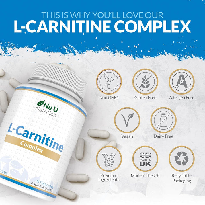 L-Carnitine Tartrate Complex 2200Mg - 180 Vegan Capsules - with Chromium, Riboflavin, Biotin, Vitamin D, B3 & B6 - High Strength L Carnitine Supplement - Made in the UK -