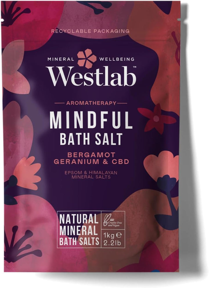 Mindful CBD Bath Salts 1Kg - Epsom & Himalayan Salts Infused with Bergamot, Geranium for Calming and Soothing, Guaranteed Purity.