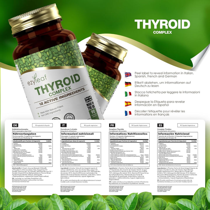 Ezyleaf Thyroid Complex | L Tyrosine Thyroid Support Supplement with Ashwagandha, Iodine, Zinc, Kelp, Sea Moss, Potassium Iodide, Guggul Extract & Selenium | 90 L-Tyrosine Capsules | UK ISO Certified