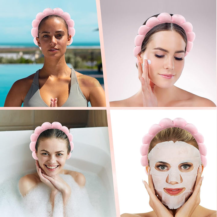 Puffy Makeup Headband Spa Headbands for Women Sponge & Terry Towel Cloth Fabric Cute Skincare Headband for Face Washing, Makeup Removal, Shower, Facial Mask (Pink)