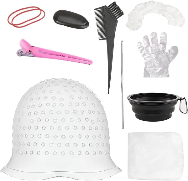 Highlight Cap and Hook Kit, 12-Piece Silicone Hair Highlighting Set with Dye Tools, Professional Streaking Cap for DIY Home Styling and Salon Use