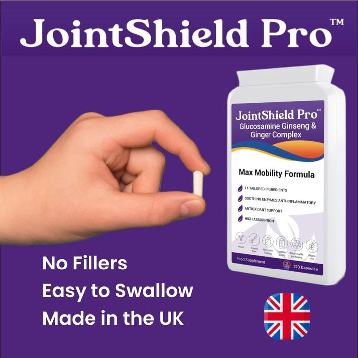 Jointshield Pro Glucosamine, Ginseng, Ginger Supplement with VIT C, MSM, Cherry, Rosehip, ACV, Turmeric & Calming Enzymes - Supports Osteoarthritis, Knee, Ankle Swelling & Inflammation Relief