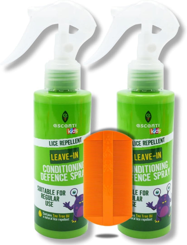 Escenti Head Lice Defence Kit 2X Kids Leave in Conditioner Spray 125Ml with Tea Tree for Lice Prevention and  Nit Comb for Tangle Free Hair