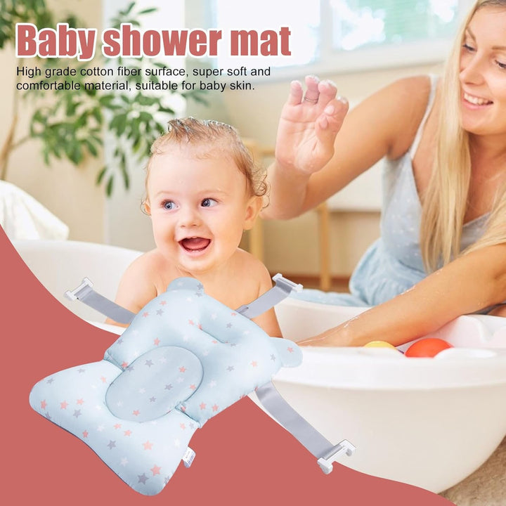 Baby Bath Cushion Bathtub Pad - Anti-Slip Babys Baths Cushions Mats, Soft and Comfortable Bathes Shower Accessories, Care Pads with Buckles and 3 Safety Belts for Home Traveling Use
