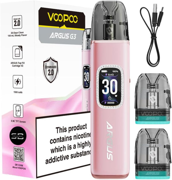Voopoo Argus G3 Vape Kit (Diamond Pink) - 9 Colours to Choose from - 45 Min Fast Charge 30W /1500Mah, Compatible Will All Argus Pods - No Nicotine (Diamond Pink)