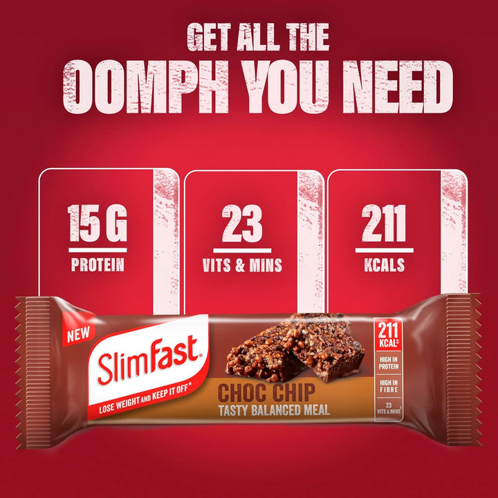 Tasty Balanced Meal Bar, Low Calorie Replacement Bars for Weight Loss and Diet, High Protein, Healthy Snacks for Adults with 23 Vitamins and Minerals, Choc Chip Flavour, Multipack, 16 X 60 G