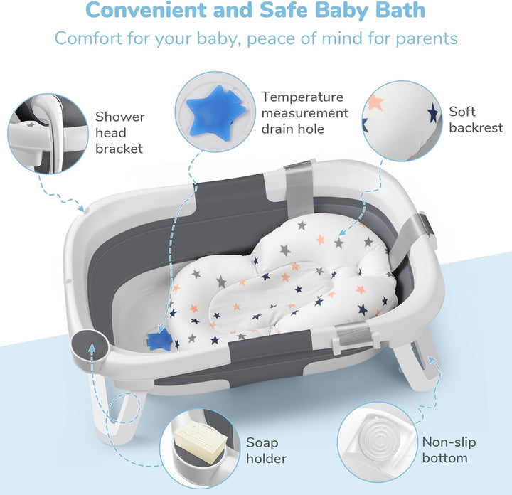Baby Bath Tub for 0-6-12 Months Newborn, Foldable Toddler Bath with Soft Cushion Pad, Portable Baby Bathtub Travel save Space (Grey)