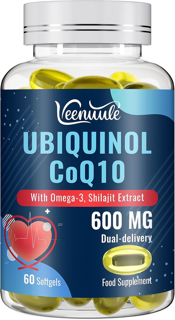 Ubiquinol Coq10 600Mg Softgels with Shilajit Extract 300Mg, Omega-3 150Mg - Dual-Delivery System - Enhanced Absorption for Maximum Active Coq10 Utilization (60 Count, Pack of 1)