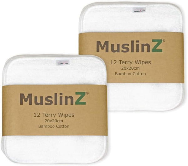 24PK Wipes Bamboo Cotton Terry Wipes 20X20 Cms Wash Cloth Washable Reuseable Baby Wipes (White)