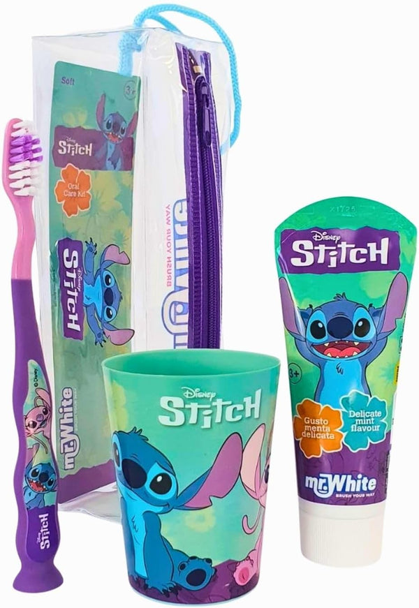 Disney Stitch Kids Toothbrush Set - Soft-Bristle Toothbrush with Suction Cup & Protective Cap, Mint-Flavoured Toothpaste, and Multi-Purpose Beaker | Travel-Ready Oral Care Kit for Children Ages 3+