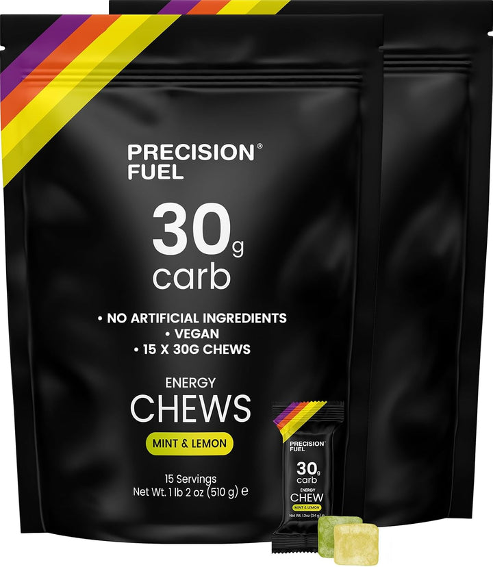 Precision Fuel 30 Energy Chews - High Carb,Lightweight Snack for Endurance Sports,30G Carbs per Serving,Ideal for Running & Cycling,No Artificial Ingredients - Original and Mint Lemon (4 X 34G Chews)