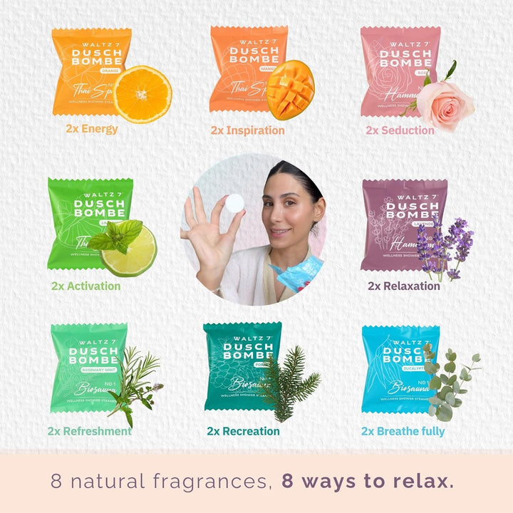 Shower Steamers Set, 16 Pieces, 8 Scents, European Quality, Aromatherapy, Unique Spa Stress Relief, Pamper Gift for Women, Men, Birthday, Mum, Advent Calendar Stocking Fillers