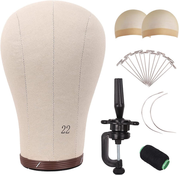 Wig Head Cork Canvas Block Head for Making Wigs Mannequin Head with Stand Head Pins (22 Inch, Brown/Beige)