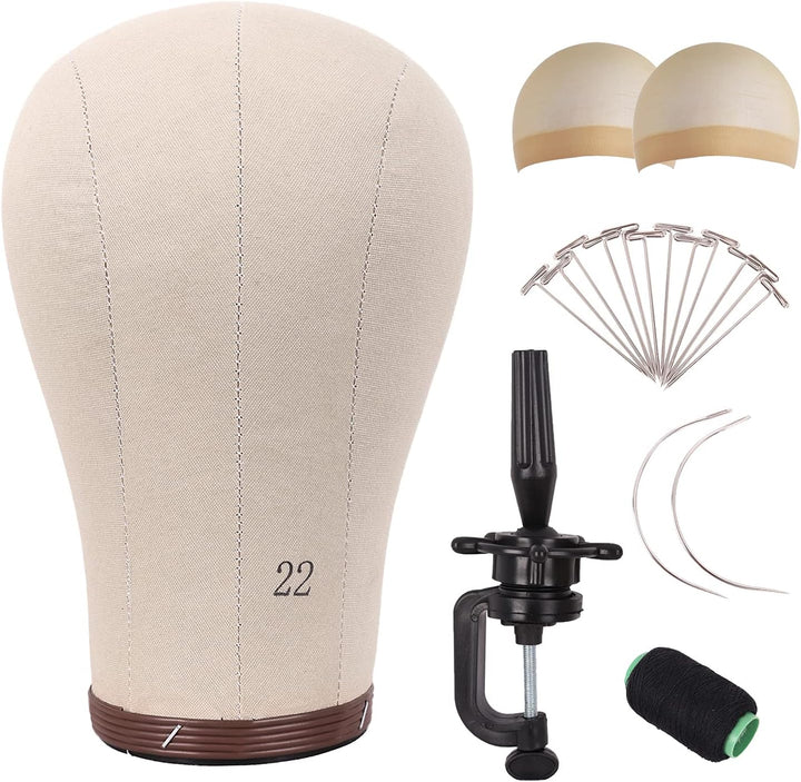 Wig Head Cork Canvas Block Head for Making Wigs Mannequin Head with Stand Head Pins (22 Inch, Brown/Beige)
