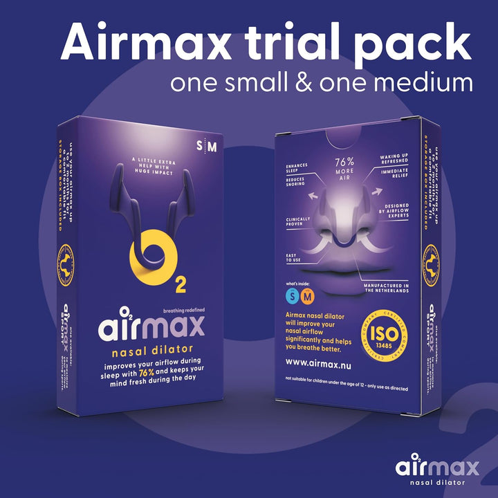 Airmax Nasal Dilator Trial Pack | anti Snore Device | 76% More Air for Better Breathing & Snoring Relief | Guaranteed Fit (1X Small & 1X Medium)