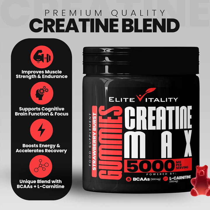 Creatine Monohydrate Gummies 5000Mg + Bcaas & L-Carnitine – Vegan, Sugar-Free, Pre Workout Muscle Recovery Supplement for Men & Women – 90 Gummies – Strawberry Burst – Gym & Fitness Support