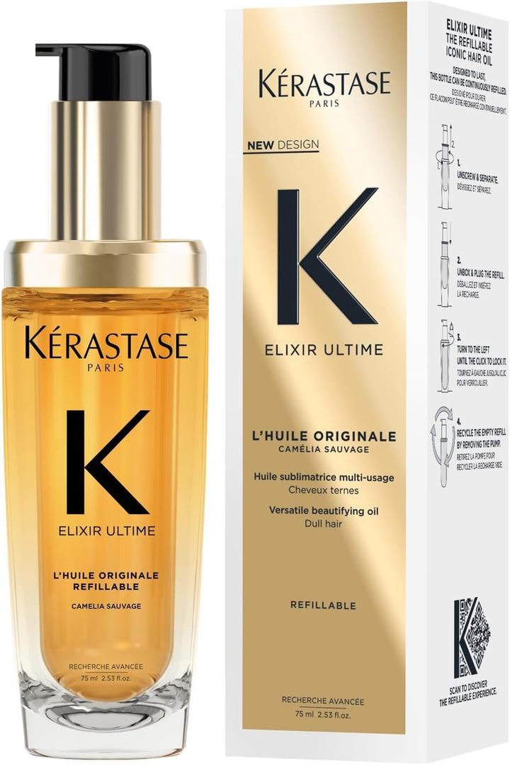 Kérastase Elixir Ultime Hair Oil, Nourishes Dull Hair, for All Hair Types, Strengthens and Protects Hair from Heat, with Argan and Camellia Oil, L'Huile Originale