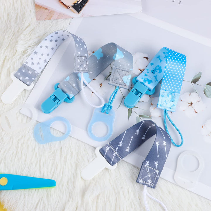 8 Pcs Dummy Clips Boys with Adapters, Silicone Button Ring Pacifier Holder Leashes Adapters Fits All Pacifiers for Baby Teething Toys Baby Shower