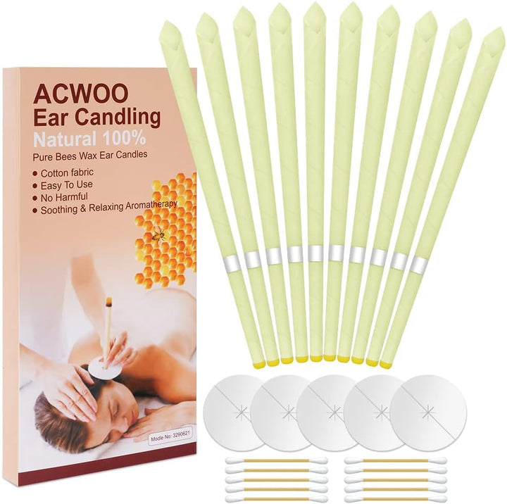 Ear Candles, 10 Pcs Natural Beeswax Ear Candles, 100% Non-Toxic Cylinders Fragrance Hollow Candles, Ear Wax Remover Candle Kit for Blocked Ears (Beige-1Op)