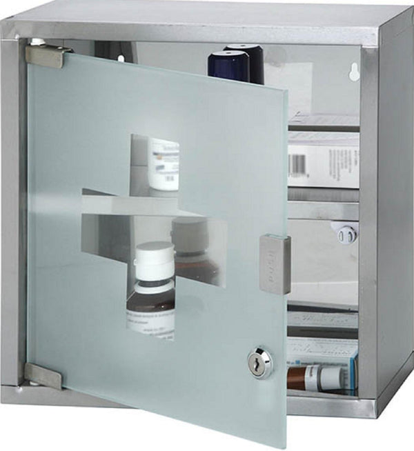 Wall Mounted Lockable Stainless Steel Medicine Cabinet with 2 Shelves & Frosted Glass Door (Approx. 30 X 12.5 X 30Cm)