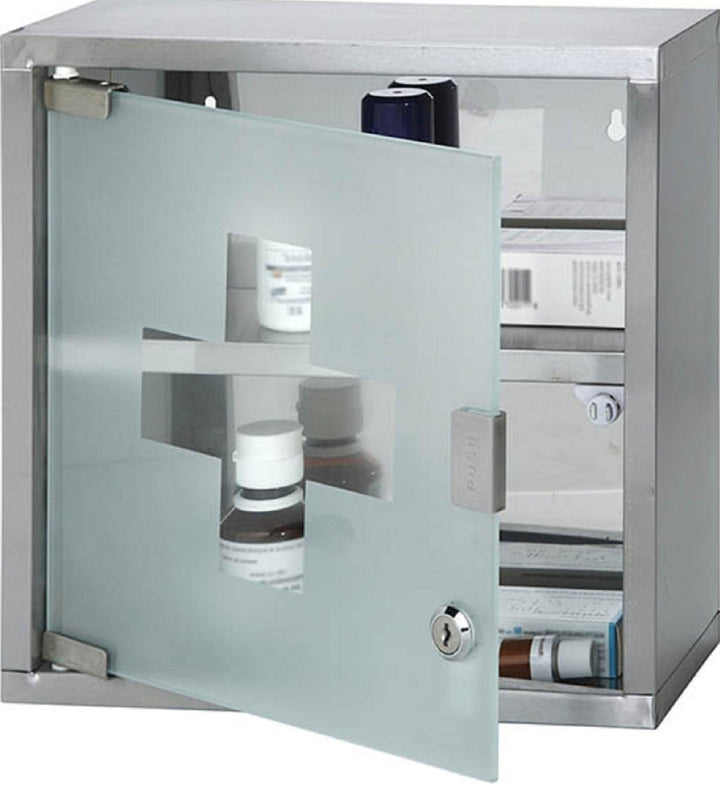Wall Mounted Lockable Stainless Steel Medicine Cabinet with 2 Shelves & Frosted Glass Door (Approx. 30 X 12.5 X 30Cm)
