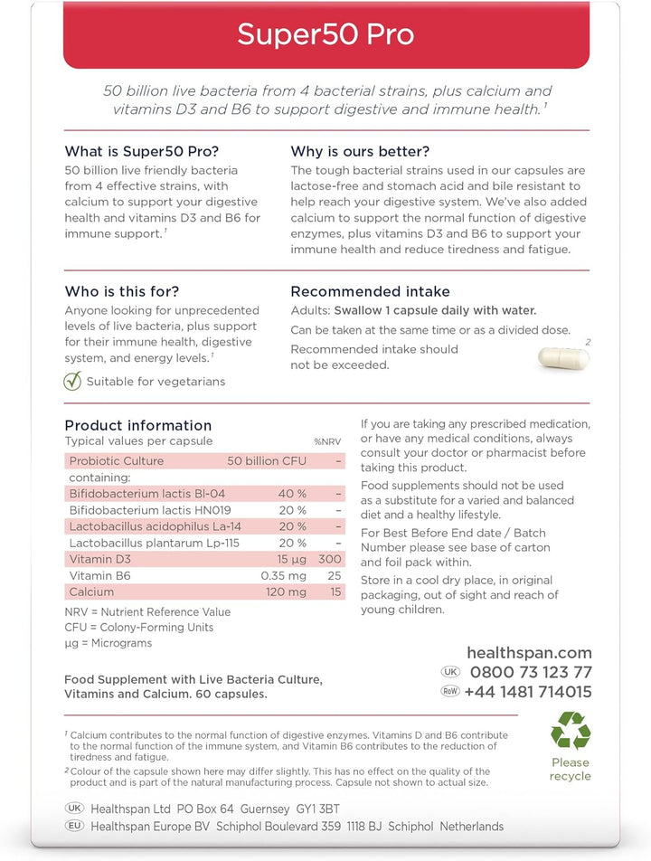 Super50 Probiotic | Gut Health | with Vitamin D3 | 50 Billion Live Probiotic Cultures | Vitamin B6 | Calcium | Vegetarian (60 Capsules)