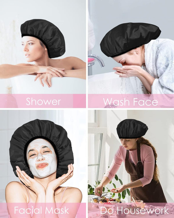 Shower Cap,Extra Large Triple Layer Bathing Cap with Dry Hair Function for Women Microfiber Terry Cloth Silky Satin 100% Waterproof Reusable Long Hair Bath Caps