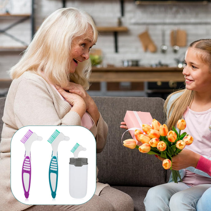 2Pcs Effective Denture Toothbrush, Denture Brush Multi-Layered Soft Bristles Denture Cleaner with Carrying Case for Dentures False Teeth Clean Care