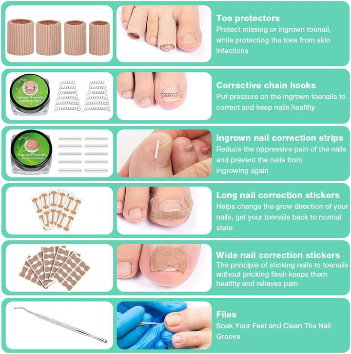 Ingrown Toenail Removal Kit, Ingrown Toenail-Corrector Tools with Podiatry-Toenail Braces, Silicone Toe Strap, Toenail Straightener Strips and Patch for Toe Pain Relief