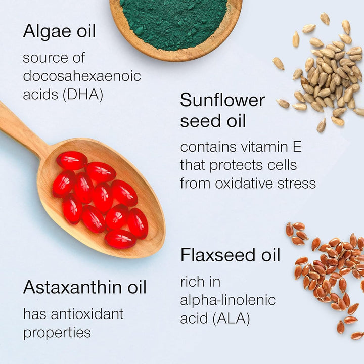 Vegan Omega 3 Capsules - High Strength DHA from Algae Oil with Flaxseed Oil, Astaxanthin, Vitamin E - Algae Omega 3 Vegan - 60 Easy Swallow Softgel Tablets - Sustainable Vegetarian DHA Supplements