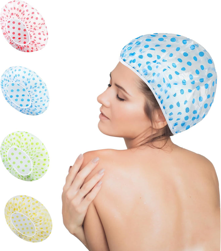 Nimxy Pack of 4 Shower Cap, Reusable Shower Caps for Women & Men - Waterproof with Elastic Band & Soft Lining (Dotted)