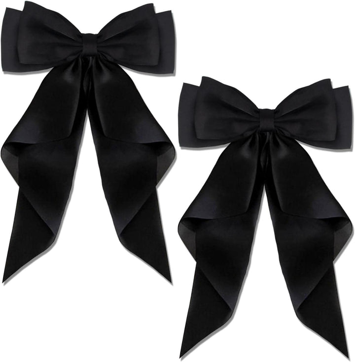 2 PCS Big Bow Hair Clips with Long Silky Satin, Solid Color French Barrette Simple Hair Fastener Accessories for Women Girls