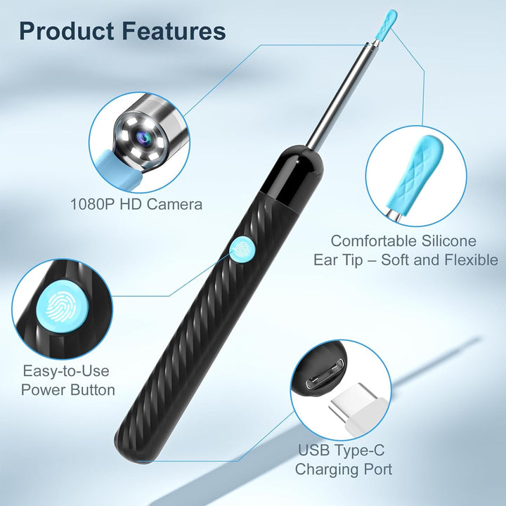Ear Wax Removal - Earwax Remover Tool with 7 Pcs Ear Set - Ear Cleaner 1080P HD Ear Scope - Camera with 6 Led Lights - Ear Cleaning Kit with 11 Ear Spoon - Ear Camera for Ios & Android（Glossy Black）