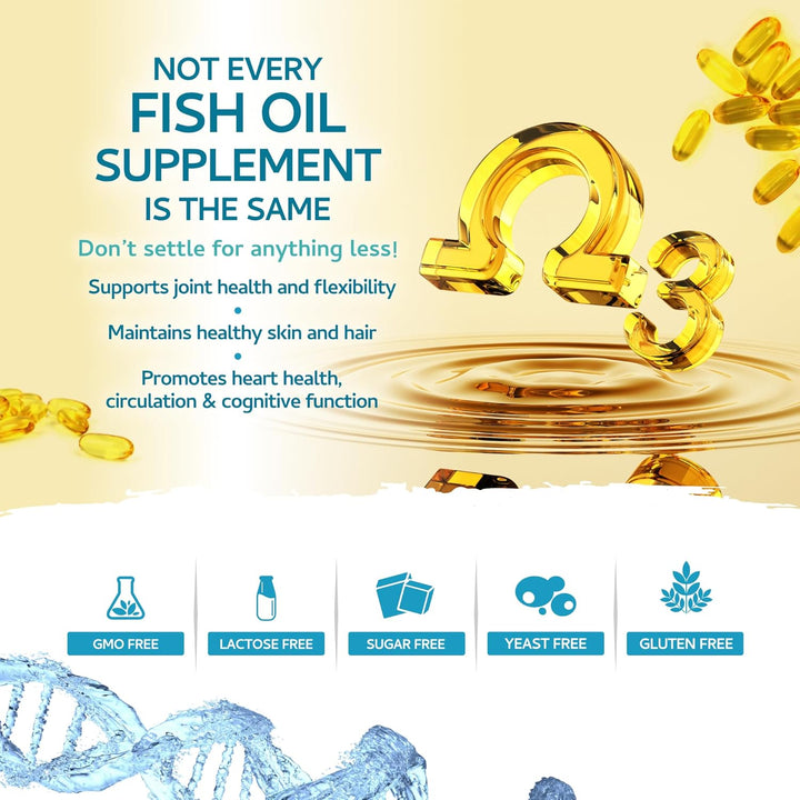 Omega-3 Fish Oil Soft Gels - Ultra Potent 1000Mg, 90 Capsules - Full Strength EPA & DHA - Easy to Swallow Omega3 Fish Oils - Ultimate Joint, Heart & Brain Health Support Supplement - Made in the UK
