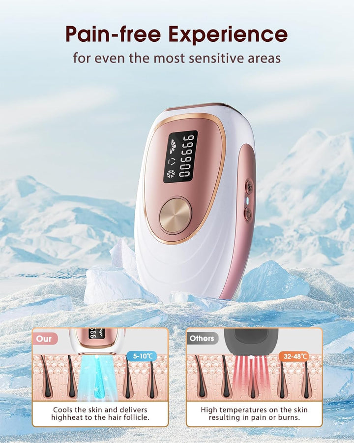 IPL Laser Hair Removal Device for Women and Men, Ice Cooling Painless Hair Remover Machine for Salon Quality Long Lasting Results at Home, for Face, Bikini Line, Armpit, Leg, Body, Pink