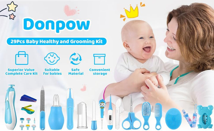 Baby Healthcare and Grooming Kit, 28PCS Upgraded Safety Care Kit, with Hair Brush Comb Nail Clippers and More for Newborn Infant Toddlers Baby (Blue)