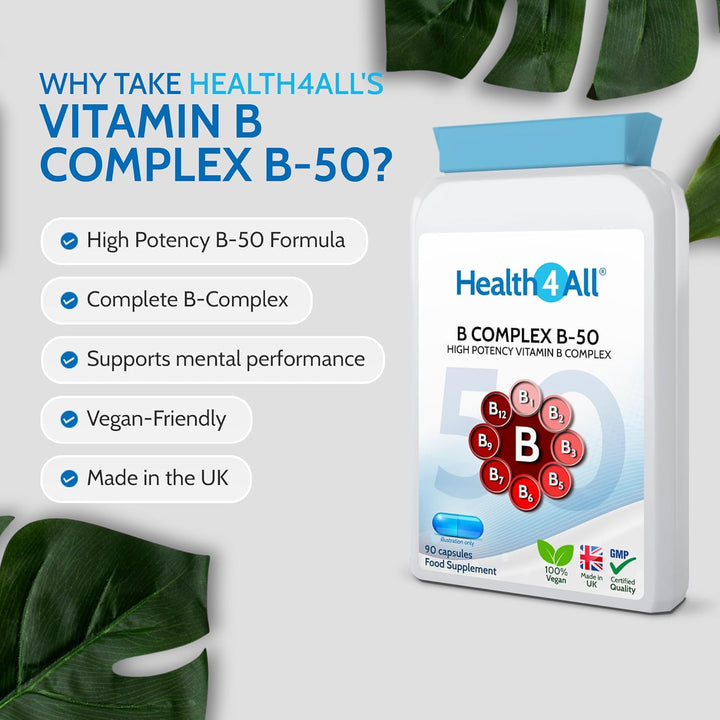 Vitamin B Complex B-50 90 Capsules, 3 Months Supply, High Potency Vegan B-Complex with PABA | Support Cognitive Functions, Energy, Tiredness & Fatigue | Made in UK (Not Tablets)