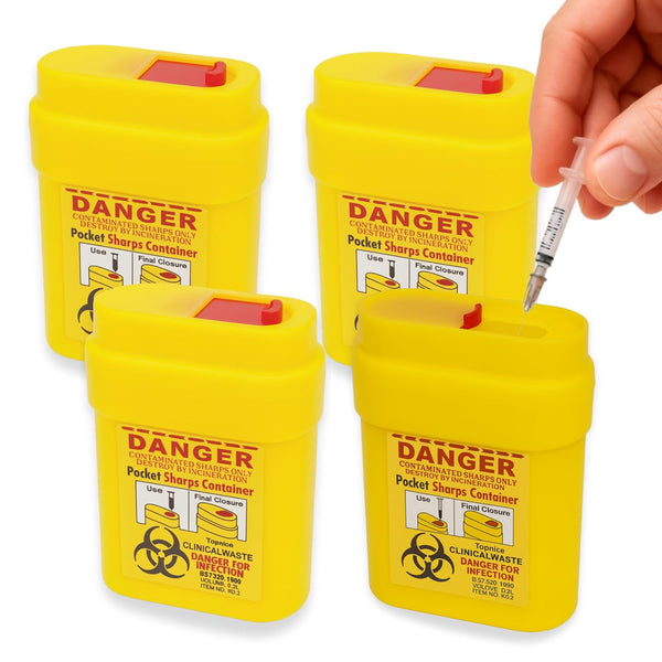 Travel Sharps Bin Mini 4 Container Pack - Small Sharps Box for Needles, Lancets, Razor Blades - Portable Clinical Waste Bin Ideal for Travel, Work, Home - 4 Yellow Needle Disposal Box Size 0.2L Each