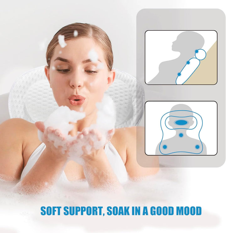Bath Pillow - Non-Slip Luxury Head/Neck Support, 4D Air Mesh & 6 Suction Cups, Soft Bathtub Cushion Spa Gift (Butterfly White)
