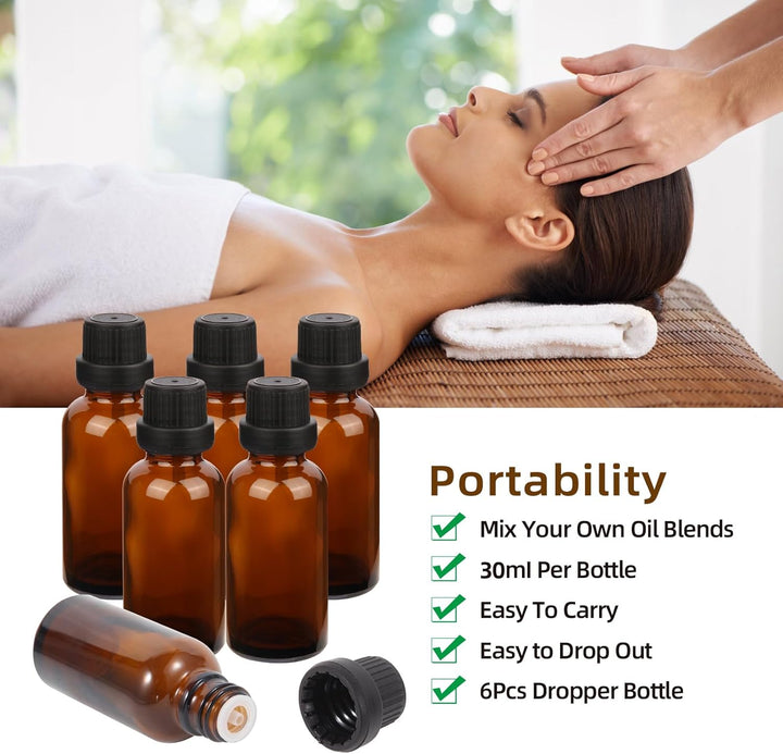 6Pcs 30Ml Amber Glass Essential Oil Bottle with Screw Caps,Empty Refillable Travel Liquid Sample Vial for Perfumes Aromatherapy with Funnel,3Ml Plastic Dropper and 6 Label