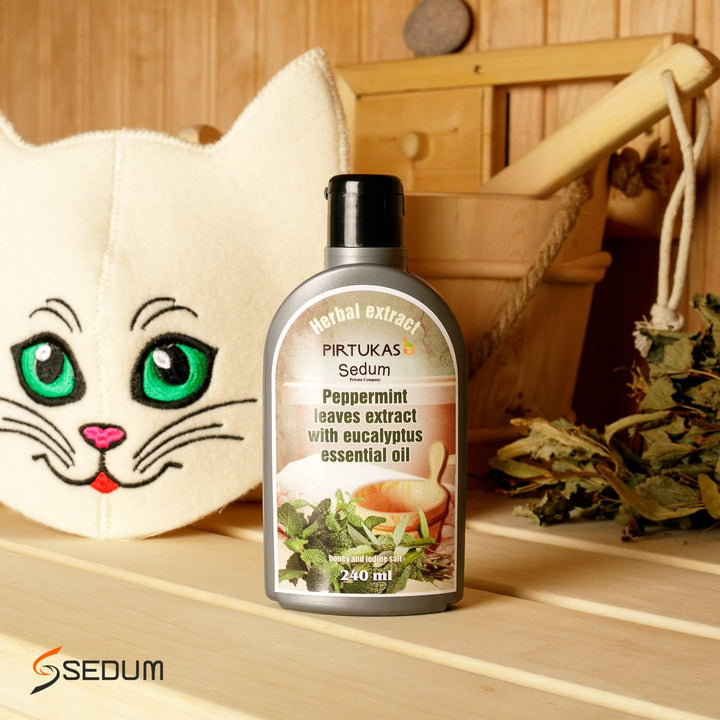 Natural Herbal Extract for Sauna, Massage, Broom Soaking - Sauna Infusion with Peppermint Leaves Extract with Eucalyptus Essential Oil, Honey and Iodine Salt - 240Ml
