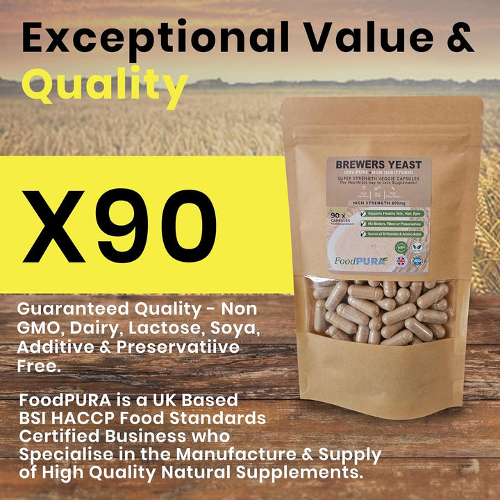 90 X 600Mg Brewers Yeast Capsules 100% Pure & Natural Not Debittered HACCP Certified Manufactured in the UK (90)