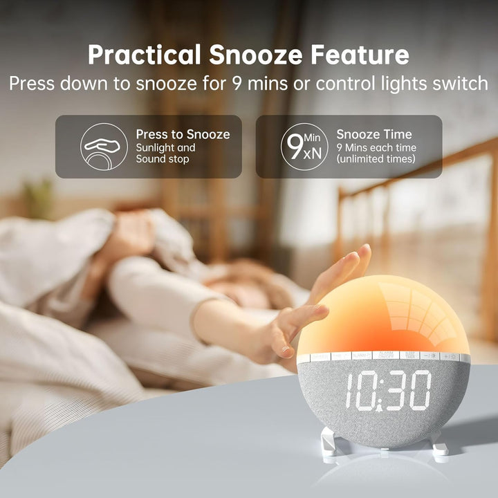 Sunrise Digital Alarm Clock, Wake up Light with Sunrise Simulation, Sunlight Alarm Clock Multicolor Bedside Lamps, Snooze, 9 Colors Night Light, 7 Ringtones, Sleep Aid, Gift for Kids, Adults