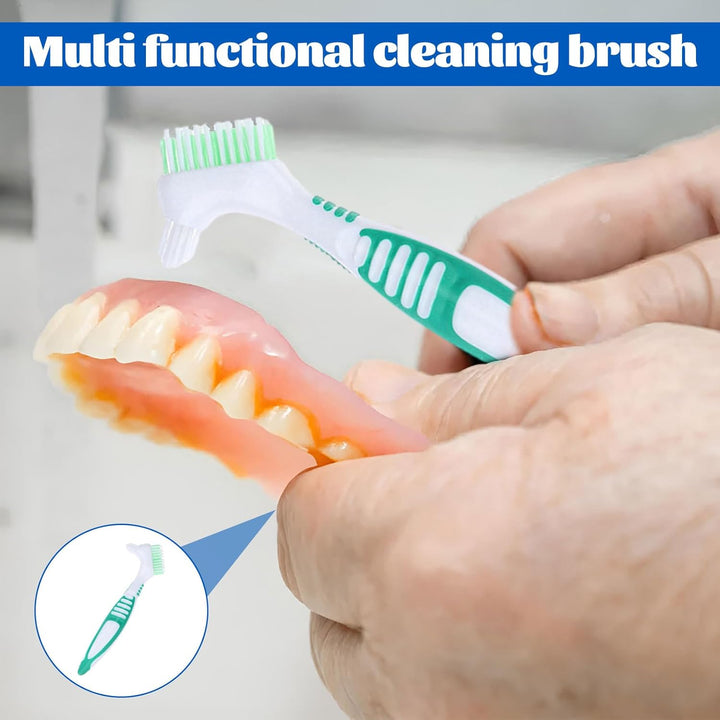 Denture Brush - 4 Pcs Double Bristle Head Toothbrush, False Teeth Brush for Cleaning Retainers (Blue, Purple, Green, Orange)