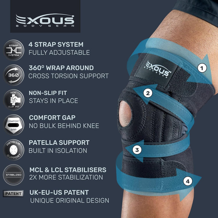 Knee Support Brace for Men & Women Unique 4-Way Adjustable Non-Slip Neoprene Strap System for Arthritis, Running Bursitis, for ACL, Ligament Damage Ideal for Sports - Skiing & Meniscus Tear